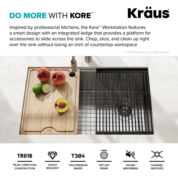 Kraus KWU110-32/5.5 32 inch Kore ADA Workstation Undermount 16 Gauge Stainless Steel Single Bowl Kitchen Sink with Accessories
