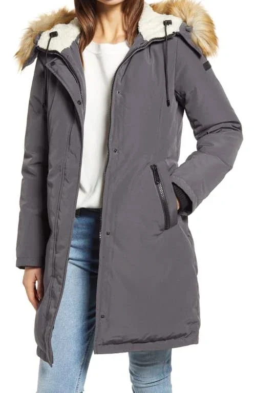 Women's Sam Edelman Faux Fur Trim Down Jacket, Size X-Small - Black