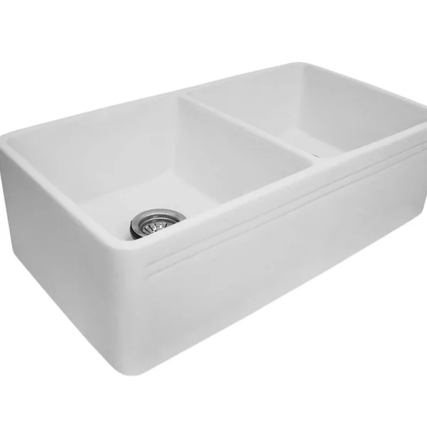 Ember Hearth 33 in. Farmhouse Kitchen Sink White Polish Ceramic Undermount Double Bowl - Size: 33.5 inch x 17.5 X10 inch