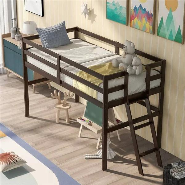 Wooden Twin Size Low Loft Bed with Ladder - Espresso