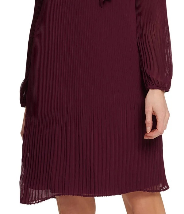 Dkny Long Sleeve Tie Neck Pleated Shift Dress - Maroon