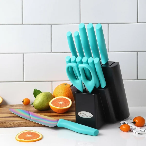 Dishwasher Safe Rainbow Titanium Cutlery Knife Set, Marco Almond Kya27 Kitchen Knives Set with Wooden Block, Rainbow Titanium