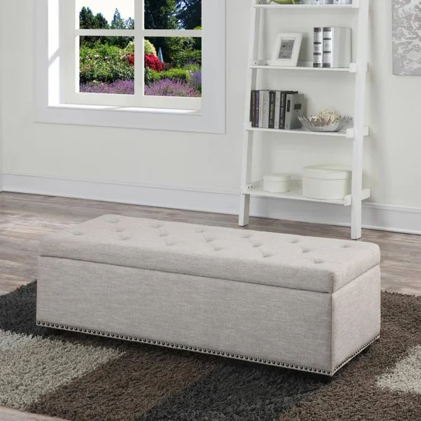 Brooklyn + Max Gilbert 48 inch Traditional Storage Ottoman in Slate Grey Linen Look Fabric, Gray