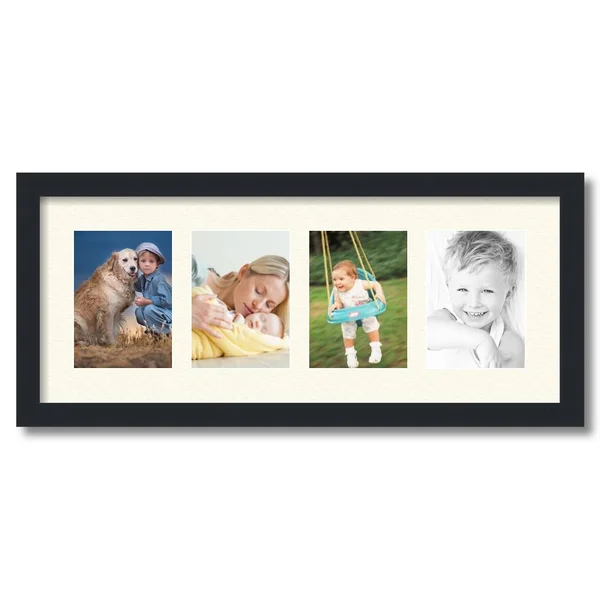 Collage Picture Frame - Satin Black Frame with 4 openings for 5x7 Photos with Ivory Off White Mat. D3926FZ15, ArtToFrames