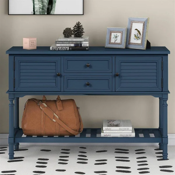 Merax Rusitic Console Table Sofa Table with 2 Drawers - 2 Cabinets and 1 Shelf - Navy Blue