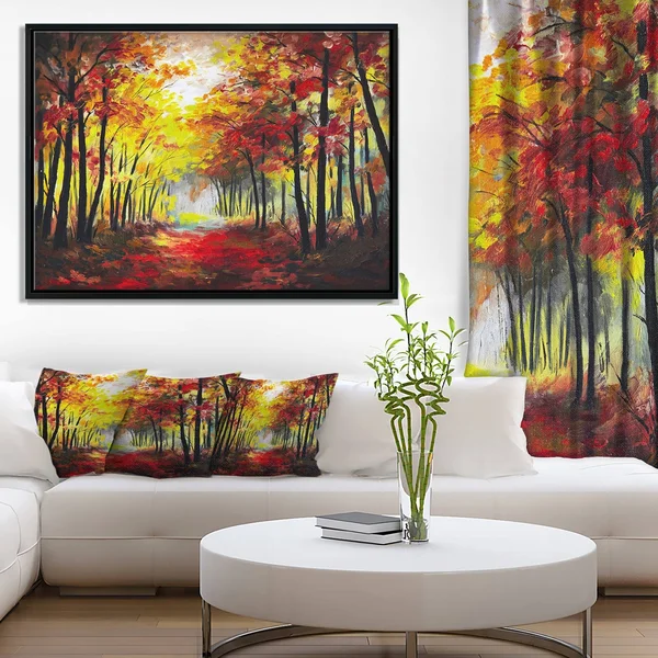 Designart ' Walk Through Autumn Forest ' Landscape Art Print Framed Canvas - Size: 42 inch x 32 inch