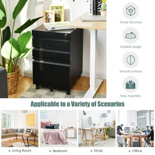 3-Drawer Mobile File Cabinet STEE with Lock-Black