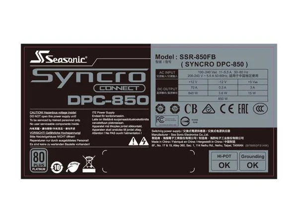 Seasonic Syncro DPC-850 - 850W 80+ Platinum Power Supply, Connect Module Cable Management, SSR-850FB, Use Case Q704 with PSU Sync