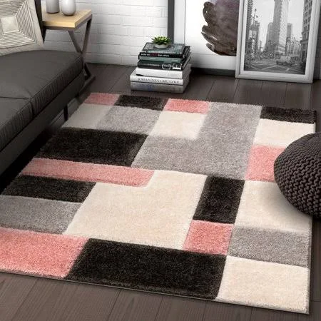 Well Woven Ella Pink Geometric Boxes Thick Soft Plush 3D Textured Shag Area Rug, Size: 3'11 x 5'3