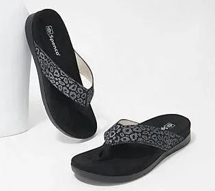 Spenco Orthotic Thong Sandals - Newport Cheetah, Size 5 Medium, Black
