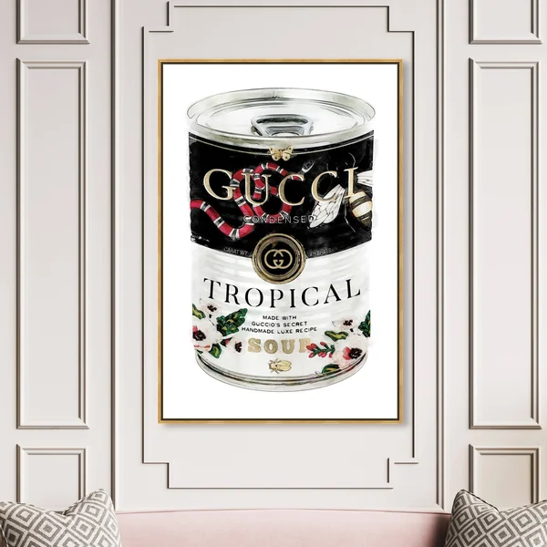 Oliver Gal Fashion and Glam Wall Art Framed Canvas Prints &Italian Luxe Soup& Soup Can - Black, White - 36 x 54 - Gold