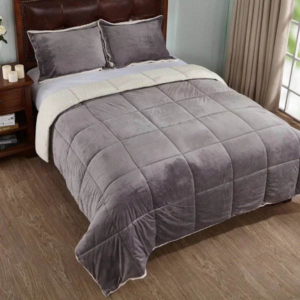 Peace Nest Reversible Sherpa Grey Queen Down Alternative Comforter Set