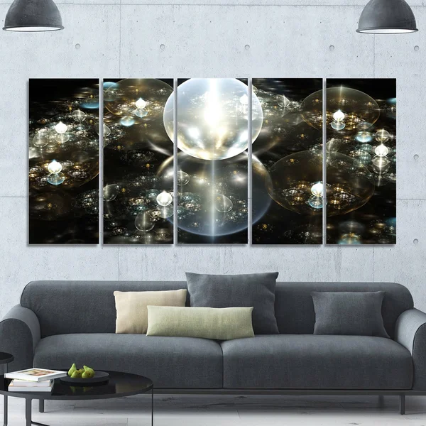Design Art 'Golden Water Drops on Mirror' Graphic Art Print Multi-Piece Image on Canvas - Size: 60 in. Wide x 28 in. High - 5 Equ