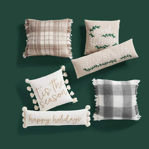 Mud Pie White and Gold Christmas Pillow, Happy Holidays