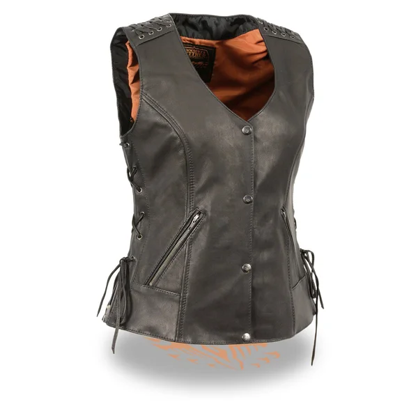 Milwaukee Leather Mll4525 Women's Leather Black Lightweight Lace to Lace Snap Front Vest - Black, X-Large