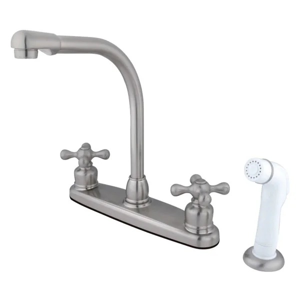 Kingston Brass Victorian High Arch Kitchen Faucet with White Sprayer - Satin Nickel/Polished Chrome KB717AX