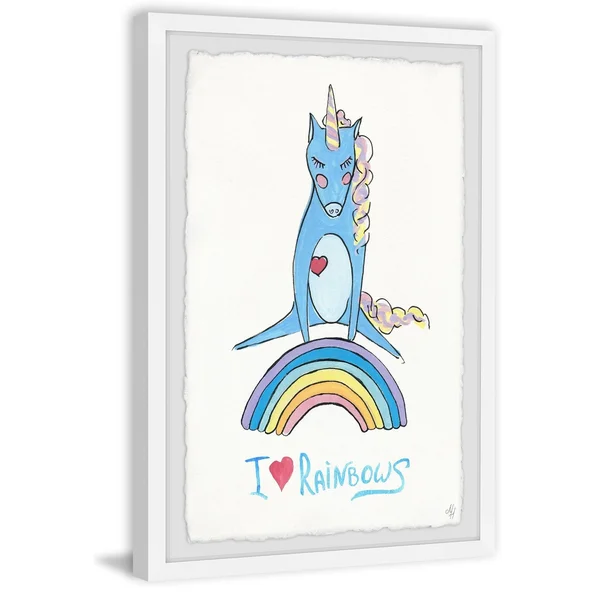 Marmont Hill Playful Rainbow Unicorn Framed Wall Art, Size: 12 inch x 8 inch