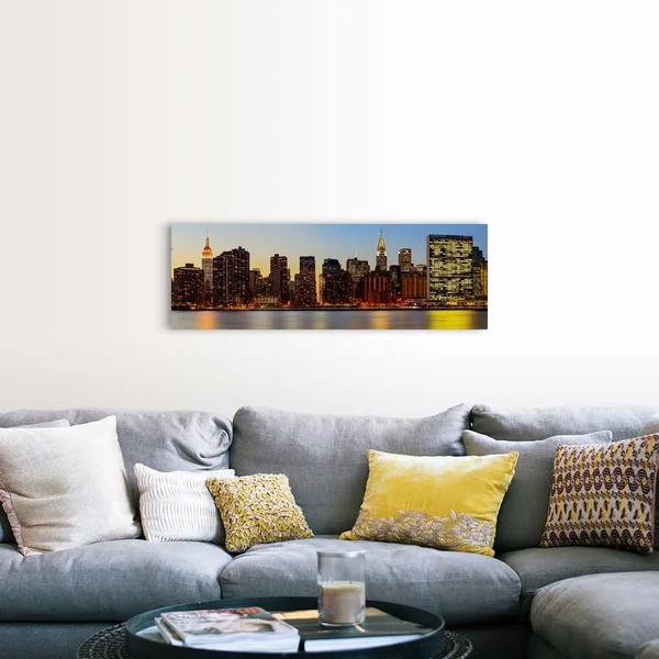 Manhattan Panoramic View with Un from Long Island City at Night - Canvas Wall Art, 48x16, Great Big Canvas