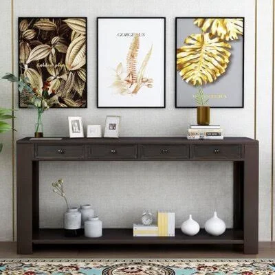 Console Table for Entryway Hallway Sofa Table with Storage Drawers and Bottom Shelf (Black) Red Barrel Studio Color: Black