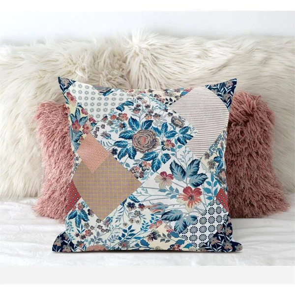 Arizona Floral Patches Suede Zippered Pillow W Insert in Cream Red Blue 20 x 20