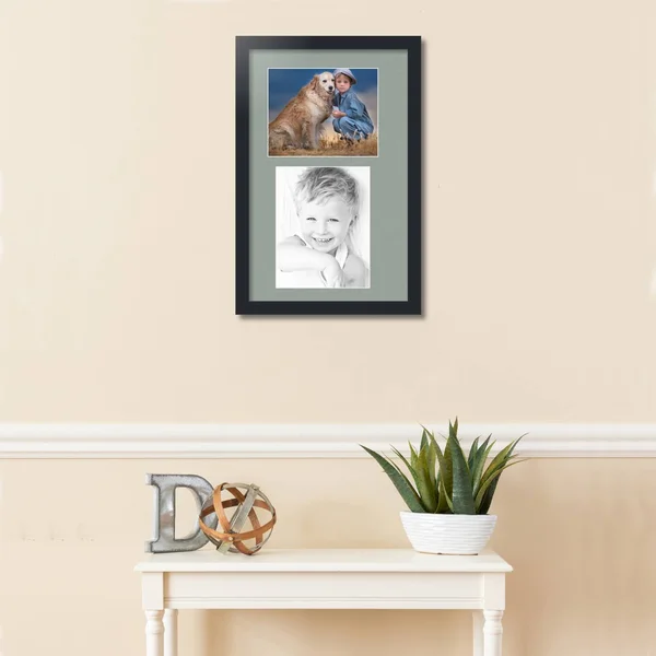 Collage Picture Frame, Satin Black Frame with 2 openings for 8x10 Photos with Grey Silverpine Mat. D3926GO2167, ArtToFrames
