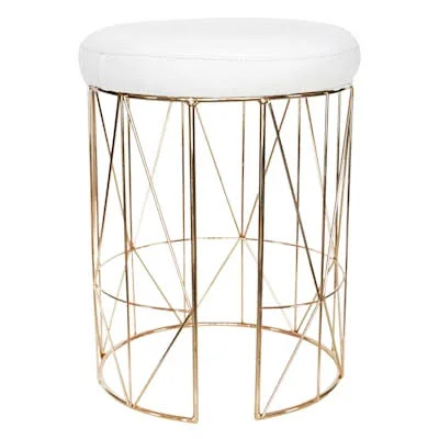 at Home Keira Glazed Gold Wire Vanity Stool/Padded White Faux Leather SEAT - Metallic, 14.5x22L x 19.5x22H x 14.5x22W