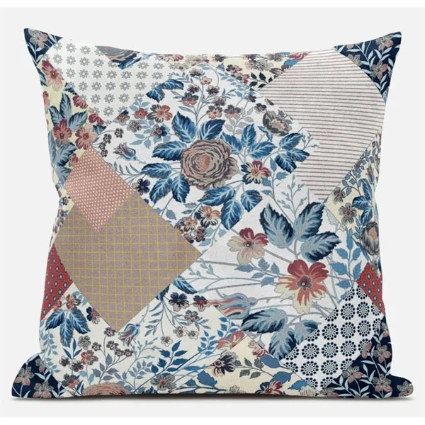 Arizona Floral Patches Suede Zippered Pillow W Insert in Cream Red Blue 20 x 20