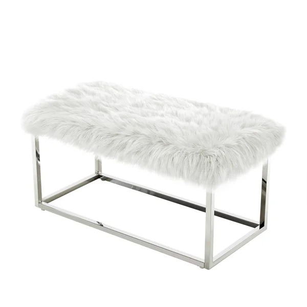 Inspired Home Degas Faux Fur Ottoman Bench with Metal Frame - White/Chrome