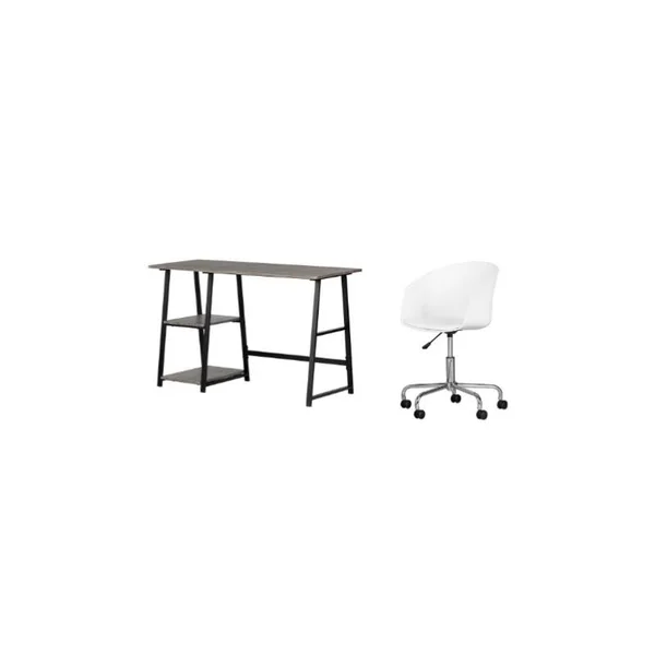 South Shore Evane Ash Oak Desk with Storage and 1 Flam White Swivel Chair Set