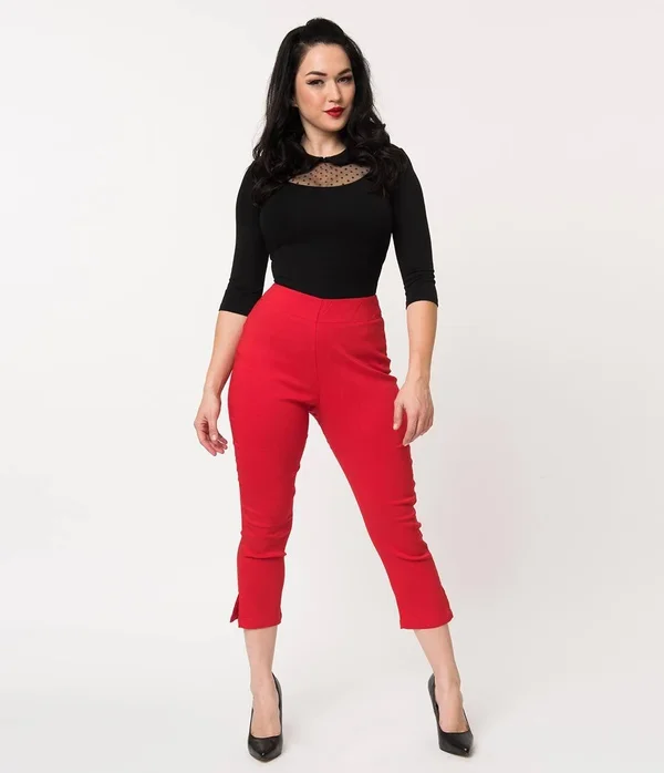 Unique Vintage Red High Waist Rachelle Capri Pants, Size M/6-8