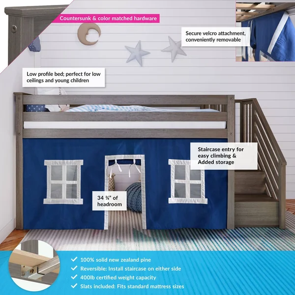 Twin-size Low Loft with Stairs + Curtain - Grey Blue