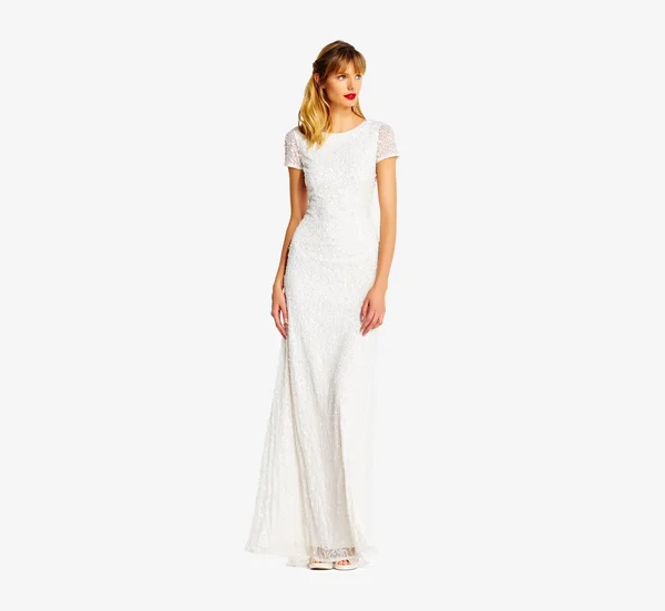 Adrianna Papell Scoop Back Sequin Gown, Ivory, Size: 20