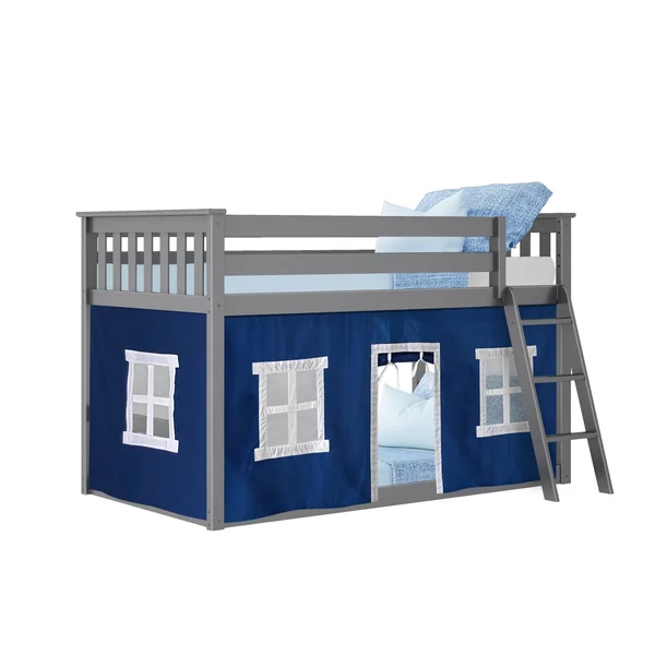Max & Lily Twin Over Twin Low Bunk with Blue Curtains, Grey