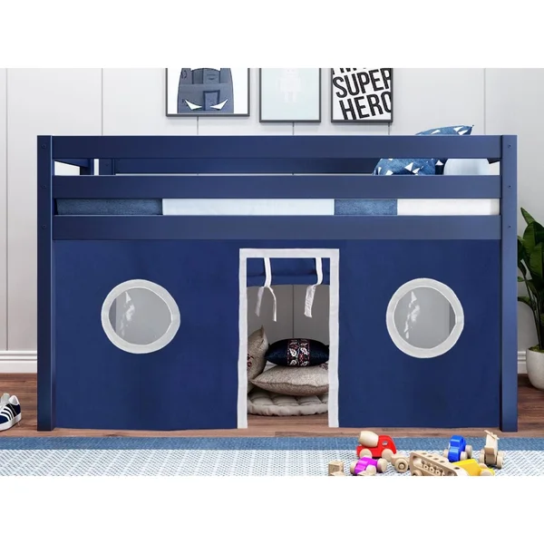 Jackpot! Contemporary Low Loft Bed with End Ladder, Twin, White with Blue & White Tent
