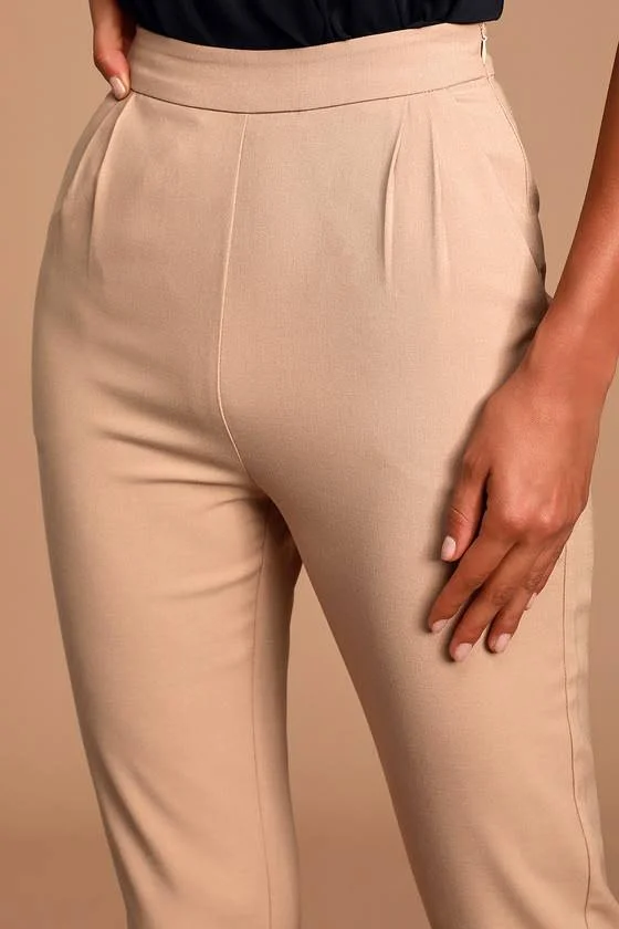 Lulus - Kick It Beige High-Waisted Trouser Pants, Size X-Small, 100% Polyester