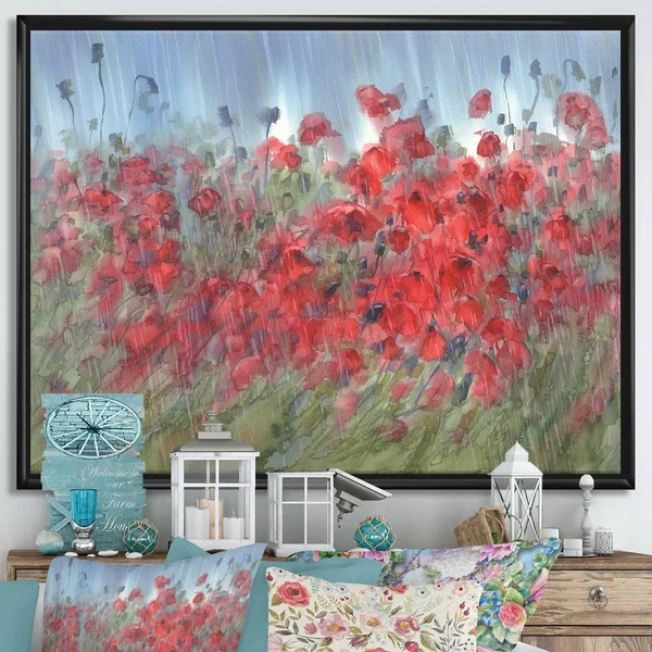 Designart 'Red Poppies in The Rain' Farmhouse Framed Canvas Wall Art Print - 32 in. Wide x 24 in. High - White