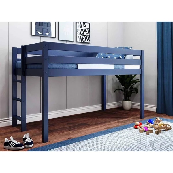 Jackpot! Contemporary Low Loft Bed with End Ladder, Twin, White with Blue & White Tent