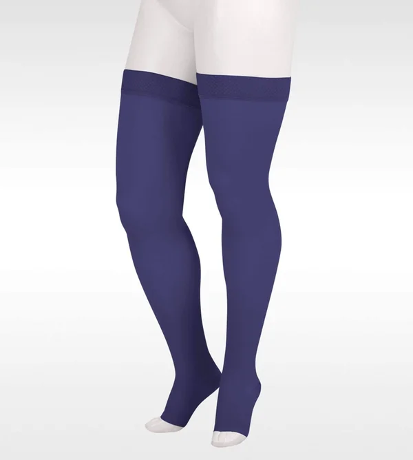 Juzo Soft 15-20 mmHg Open Toe Thigh High w/ Silicone Top Band, IV, Regular, Navy