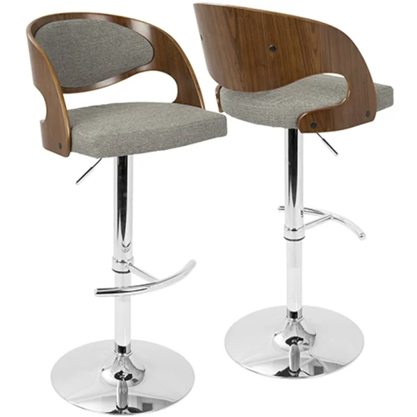 LumiSource Pino Mid-Century Modern Adjustable Barstool with Swivel, Walnut & Grey