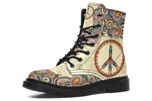 Tan Peace Mandala Boots - Peace Sign Boots, YesWeVibe Women's Boots, Black Sole, US 8, EU39.5
