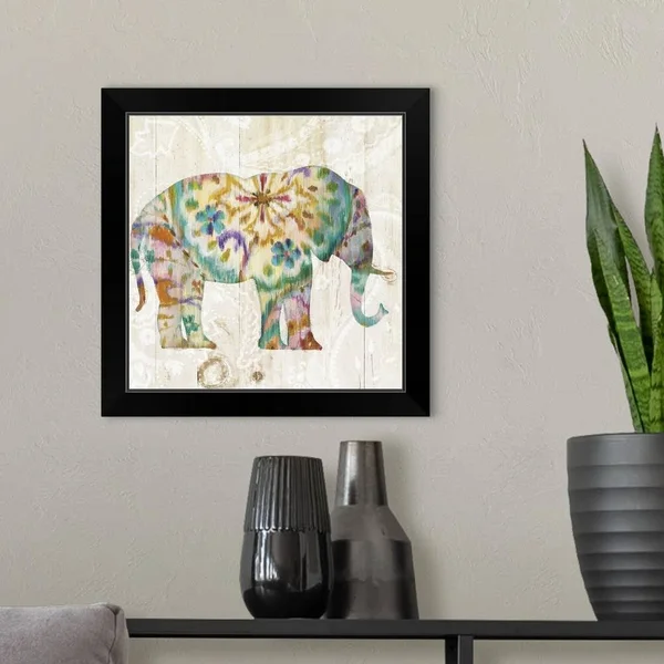 Boho Paisley Elephant I, Black Framed Wall Art, 16x16, Great Big Canvas