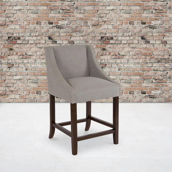 Flash Furniture 2 Pk. Carmel Series 24x22 High Transitional Walnut Counter Height Stool with Accent Nail TRIM, Light Gray Fabric