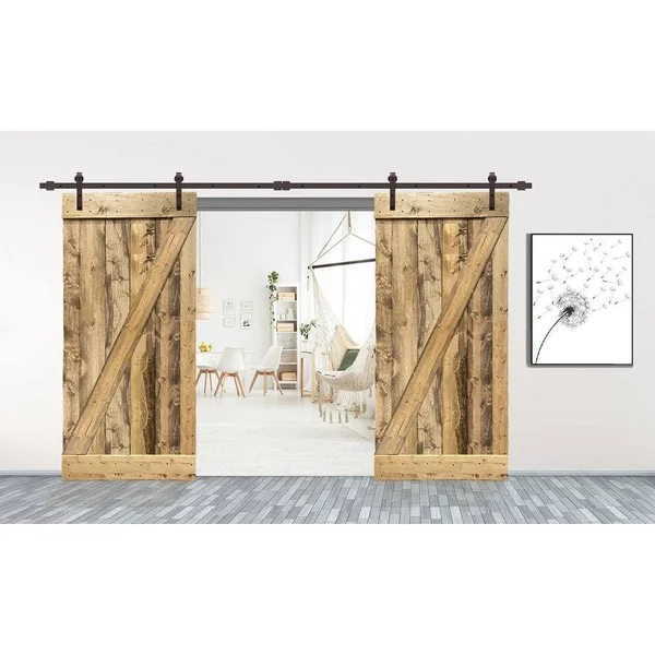 CALHOME 76 in. x 84 in. Z Bar Series Weather Oak Stained Solid Pine Wood Interior Double Sliding Barn Door with Hardware Kit