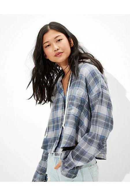 Ae Cropped Hooded Flannel Shirt Women's Blue Xxs