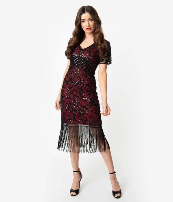 Unique Vintage Burgundy Red & Black Beaded Sleeved Troyes Cocktail Flapper Dress - Size L/10-12