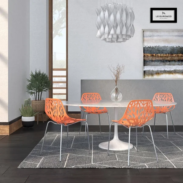 LeisureMod Asbury Orange Open Back Chrome Dining Side Chair Set of 4