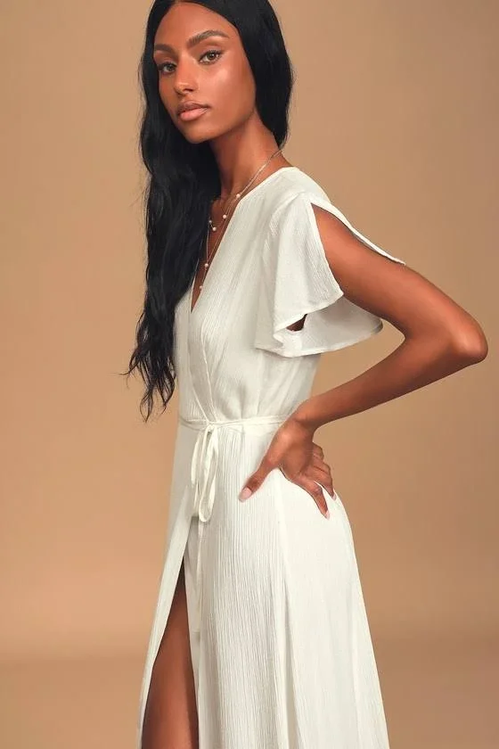 Lulus, Heart of Marigold White Wrap Maxi Dress, Size Large, 100% Polyester