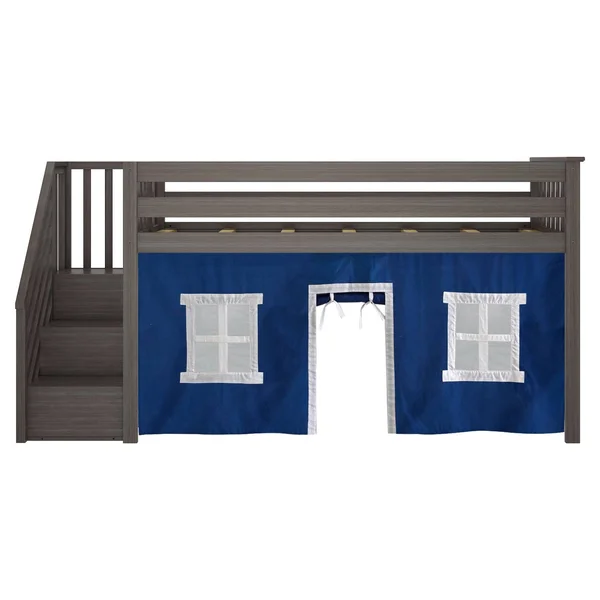 Twin-size Low Loft with Stairs + Curtain - Grey Blue