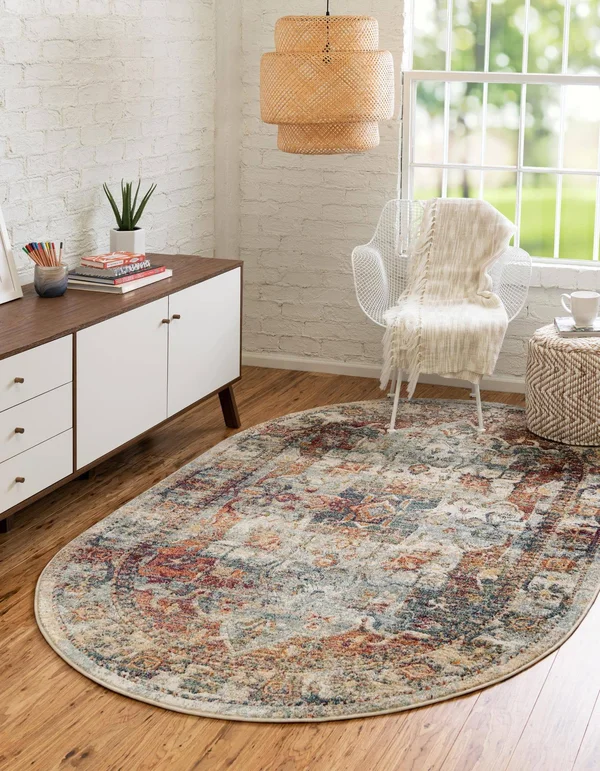 Unique Loom Isabella High-Low Pile Border Rug 5& x 8& Oval Ivory/Multi