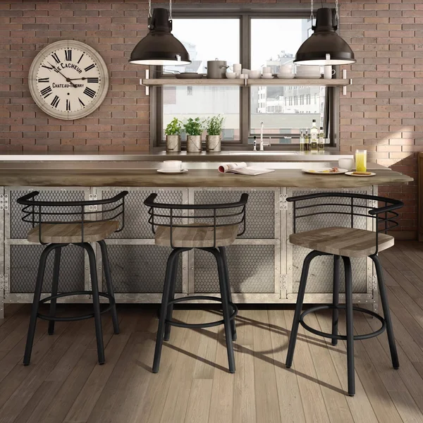 Carbon Loft Cantrell Swivel Metal Barstool with Distressed Wood Seat Black Metal/Light Grey Wood 20009776